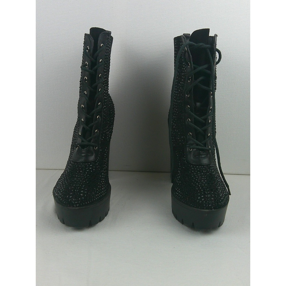 GUC Pazzle Black Rhinestone Platform Combat Booties Chunky Heel Womens Size 8